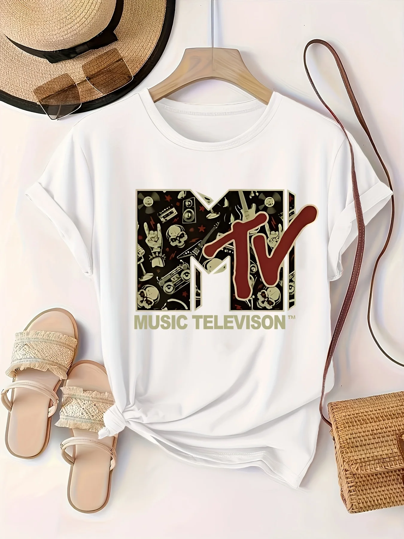 Damska koszulka plus size z nadrukiem czaszki, na co dzień z krótkim rękawem, gotycka koszulka „MV” z motywem telewizji muzycznej, kostium festiwalu muzycznego