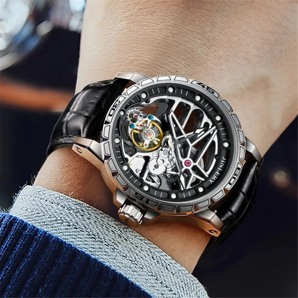 JINLERY Tourbillon reloj mecánico de cuerda a mano reloj de pulsera para hombre cristal de zafiro esqueleto para hombre relojes impermeables reloj Masculino