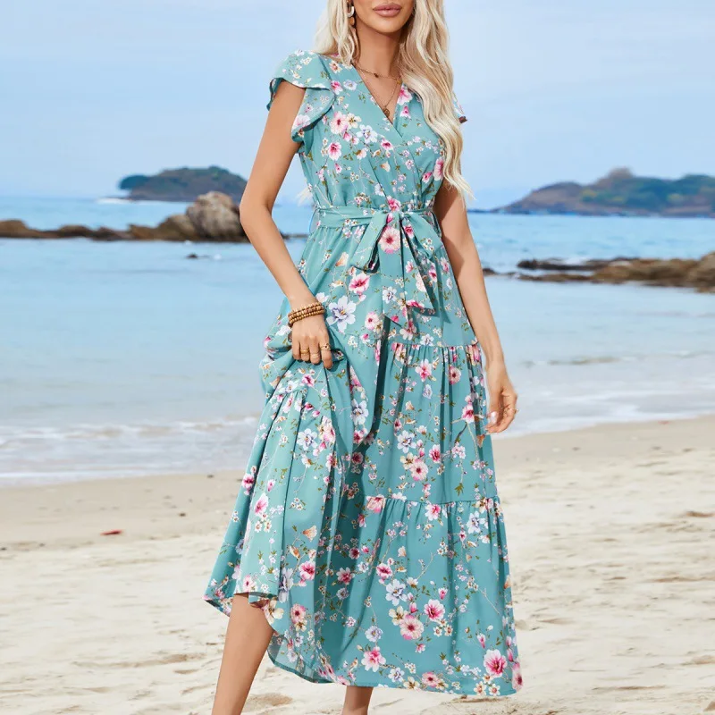 

In Stock New Pattern Print Waist Girdling BandVCollar Short Sleeve Dress Bohemian Holiday Beach Dress