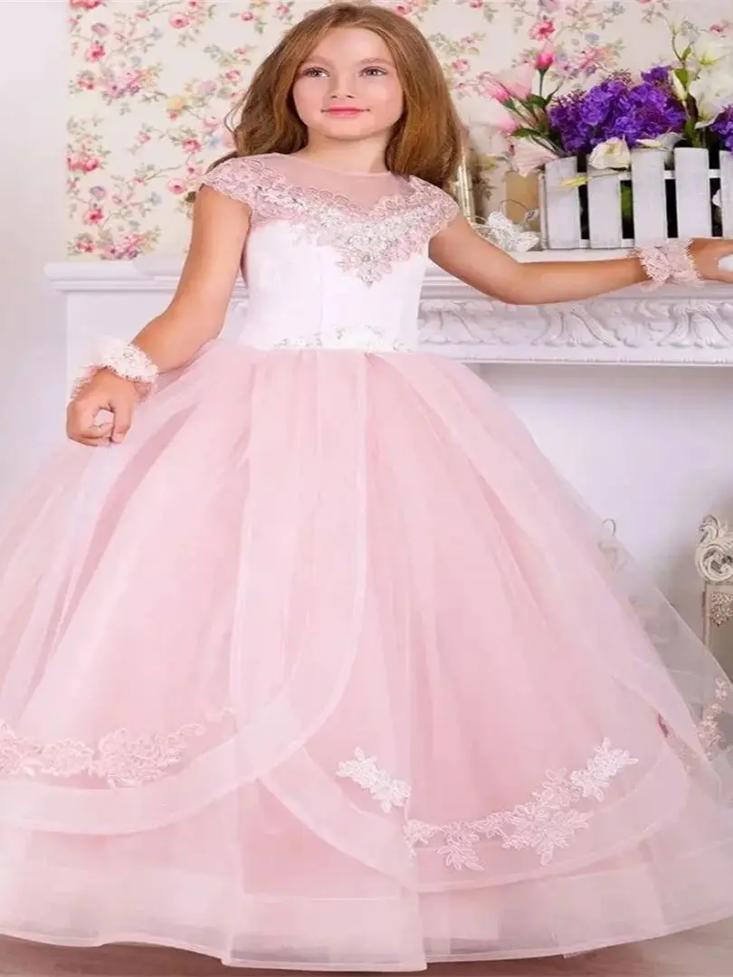Vestido de niña de flores blanco y rosa personalizado, apliques florales de tul sin mangas para boda, fiesta de cumpleaños, graduación, banquete, vestido de princesa