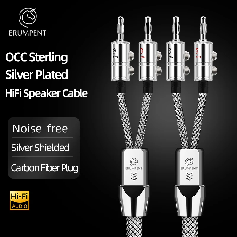 One Pair OCC Silver Plated HiFi Speaker Cable with Rhodium Plated Banana Plug Audio Wire Cable for Amplifier Speaker