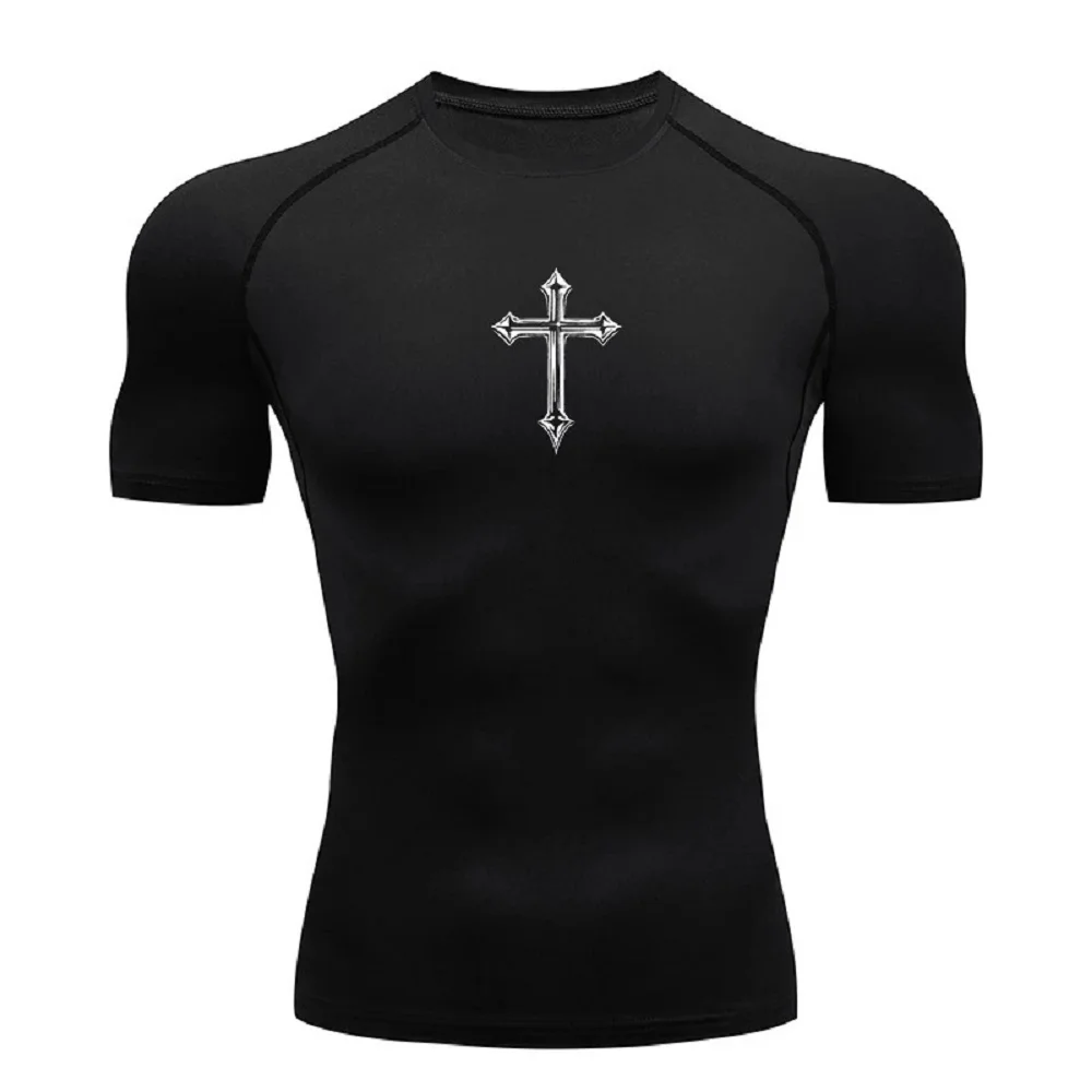 

Cross Print Compression Shirt for Men Christian Athletic Tshirt Tees Tops Gym Workout Running Baselayers Undershirts Rash Guard