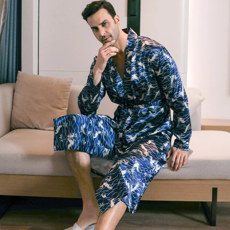 Pajama men's spring and autumn silk thin style oversized pajamas long sleeved bathrobes ice silk bathrobes home clothing summer