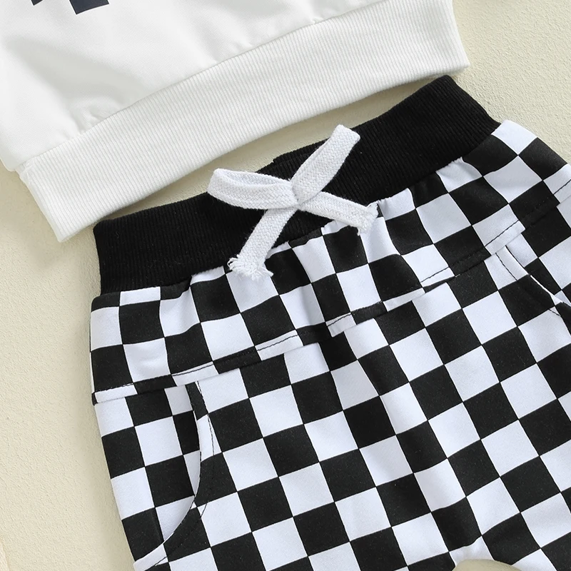 2024-05-31 Lioraitiin Toddler Boys Checkered Set Letter Print Long Sleeve Round Neck Tops Pocket Long Pants 2-Piece Outfits image 6