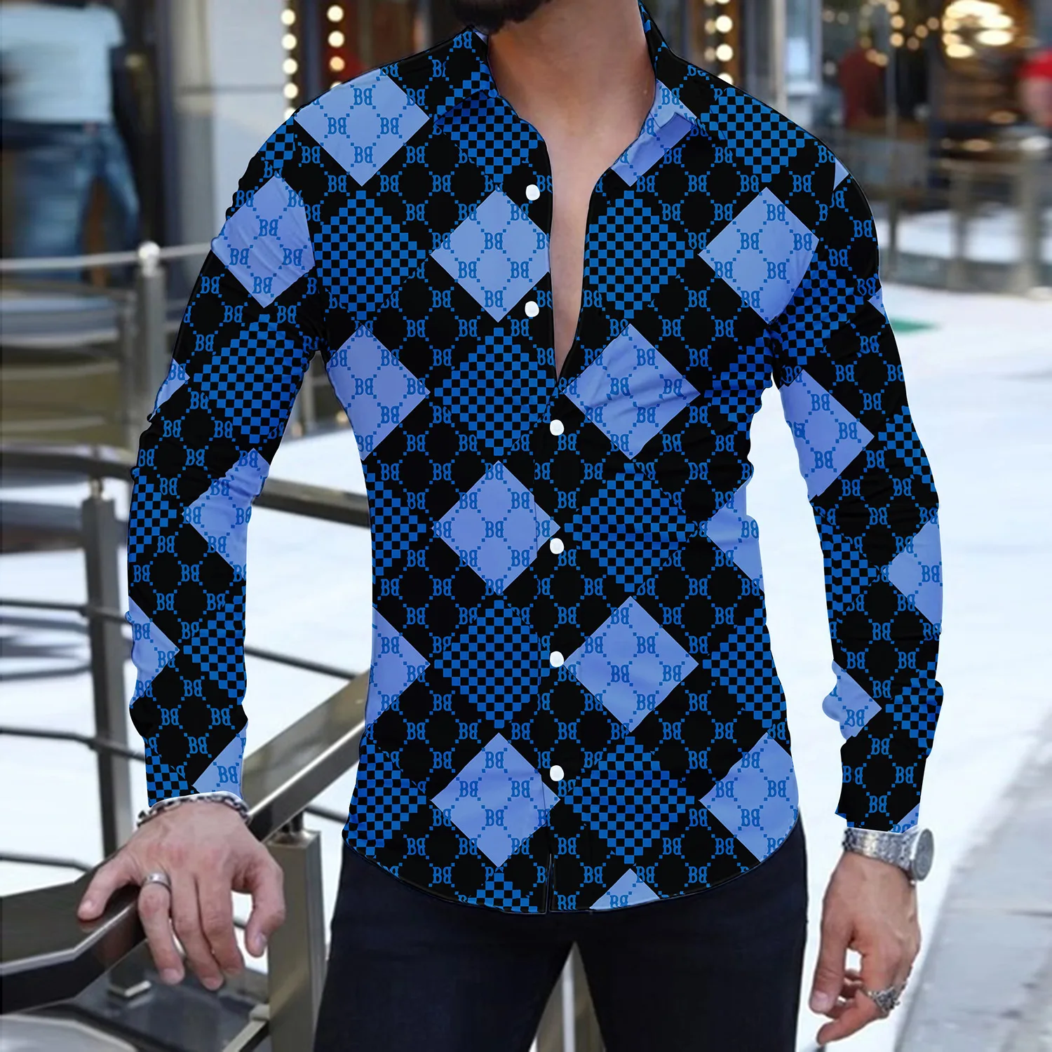 Square Grid Splicing Pattern 3D Prited Men's Shirt Long Sleeve Stand-up Collar Shirts Luxury Style Trend Street Mens Wear