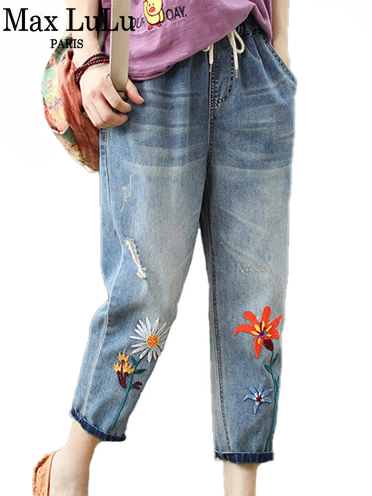 Max LuLu 2023 New Fashion Summer Ladies Elastic Jeans Women Casual Floral Embroidery Denim Trousers Female Oversized Harem Pants