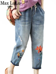 Max LuLu 2023 Fashion Fall Ladies Elastic Elegant Jeans Womens Casual Floral Embroidery Denim Trousers Females Loose Harem Pants