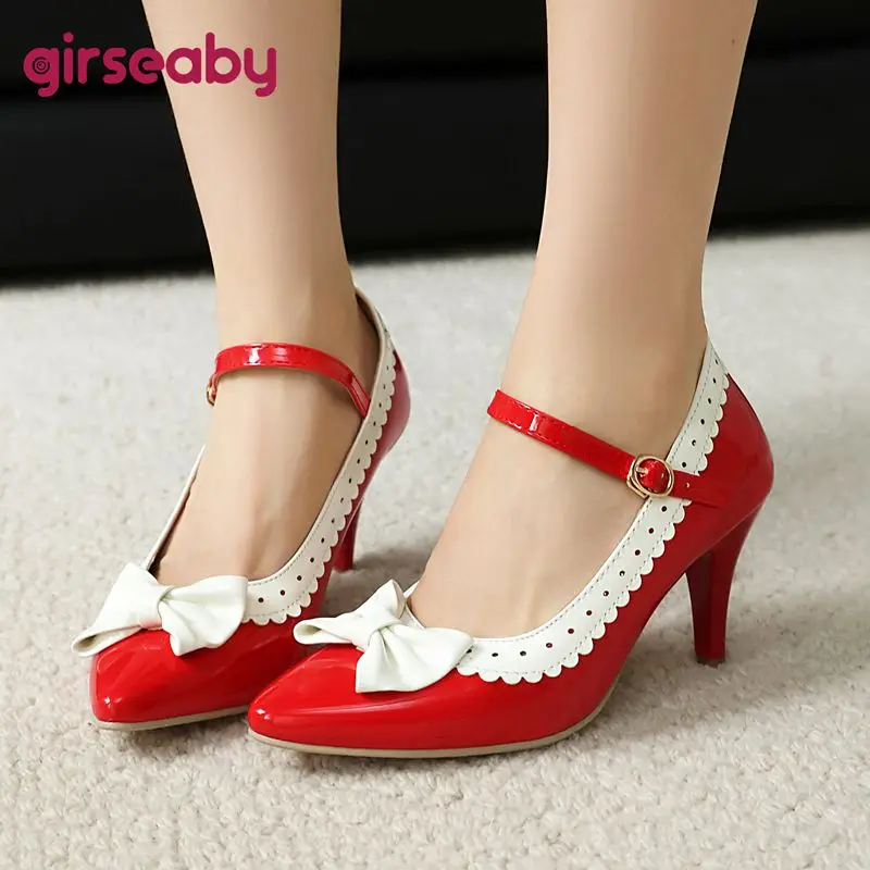 

Girseaby Retro Mixed Color Women Pumps Pointed Toe 7cm Thin Heels Buckle Strap Butterfly Knot Plus Size 46 47 48 Wedding Autumn