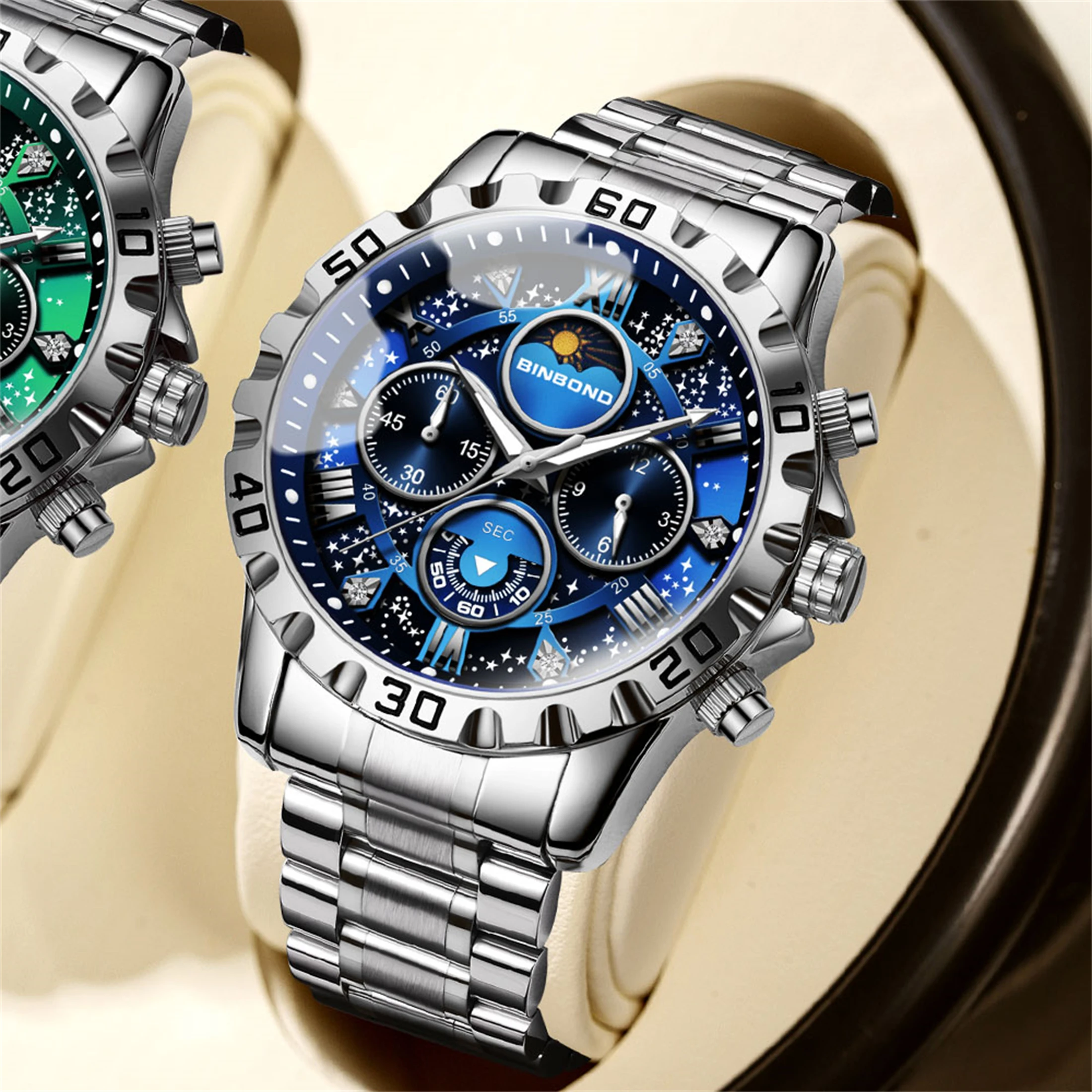 

Men's Waterproof Watch Multifunctional Chronograph 3D Dial Stainless Steel Luminous Starry Sky Galaxy Men's Birthday Gift ﻿