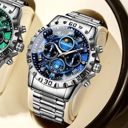 Men's Waterproof Watch Multifunctional Chronograph 3D Dial Stainless Steel Luminous Starry Sky Galaxy Men's Birthday Gift 