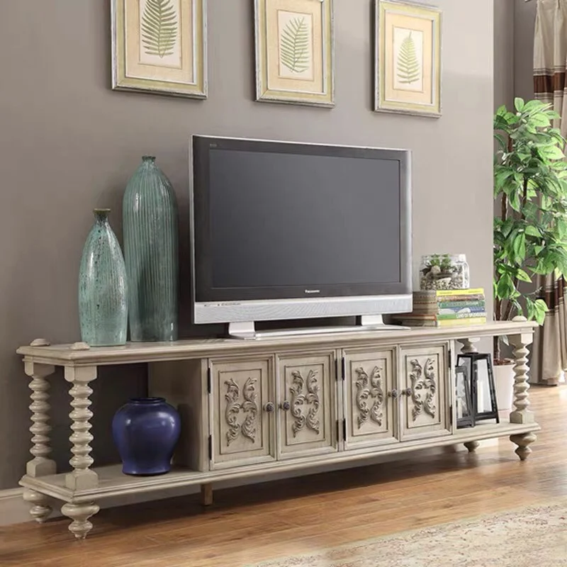 

American Style Fashion High-End Solid Wood TV Cabinet Small Apartment Master Design Retro Floor-Standing Distressed Fine Carved