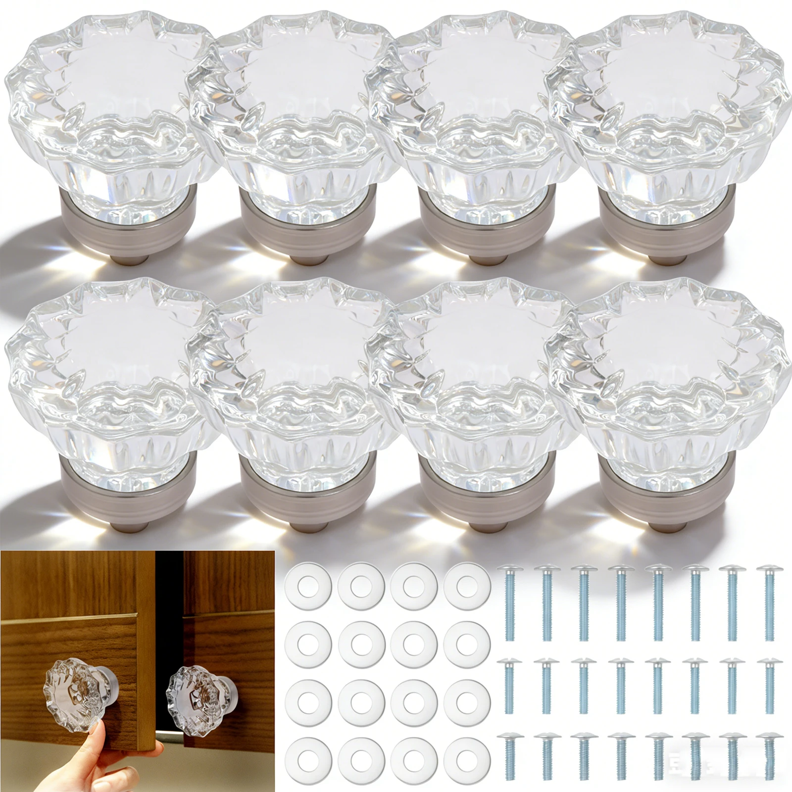 

8 шт., хрустальные ручки для шкафа, прозрачные стеклянные ручки, никель-серебряная основа, винтажные шкафы, шкаф, комод, ящики, ручки для шкафа, аксессуары