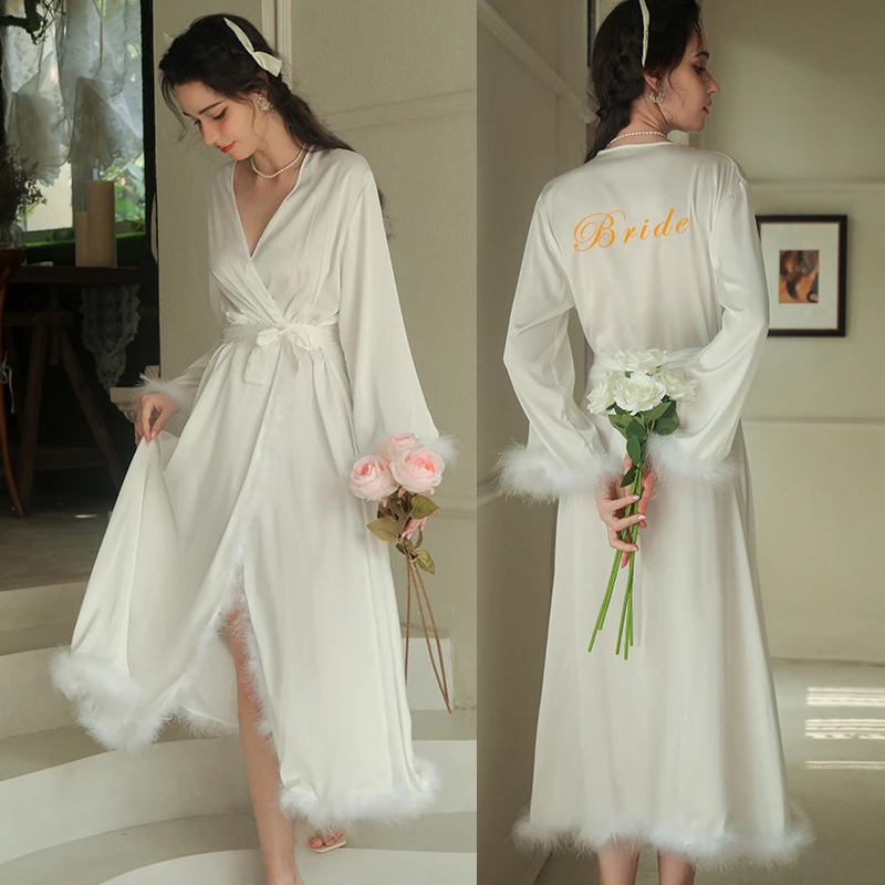 

Сексуальный халат-кимоно с перьями, интимное белье, шелковистая атласная ночная сорочка, белый свадебный халат, домашняя одежда для невесты, пеньюар для сна