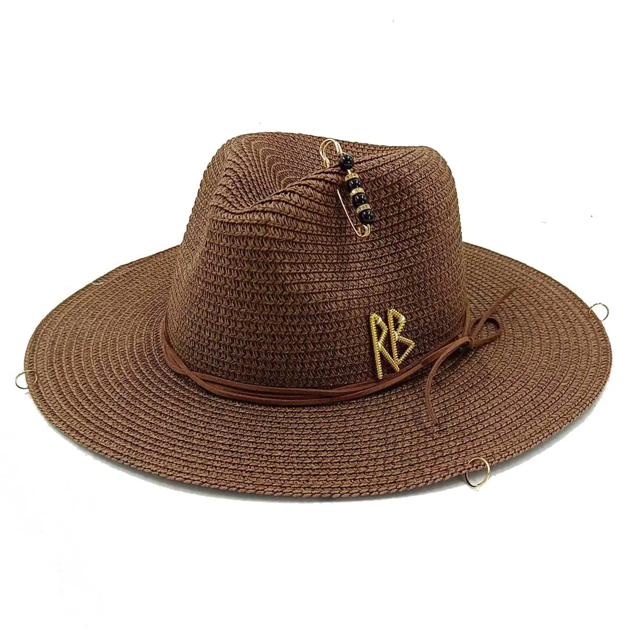 Metal RB letter straw hat men and women summer Panama jazz hat outdoor vacation beach sun hat hats for woman