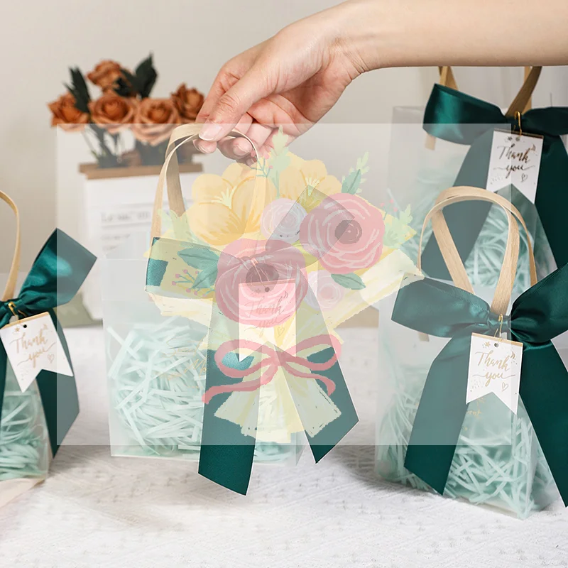 

10pcs Clear PVC Gift Bag With Pink Ribbon Plastic Tote Bag Gift Wrap Bag For Wrapping Holiday Gifts Shopping Birthday Supplies