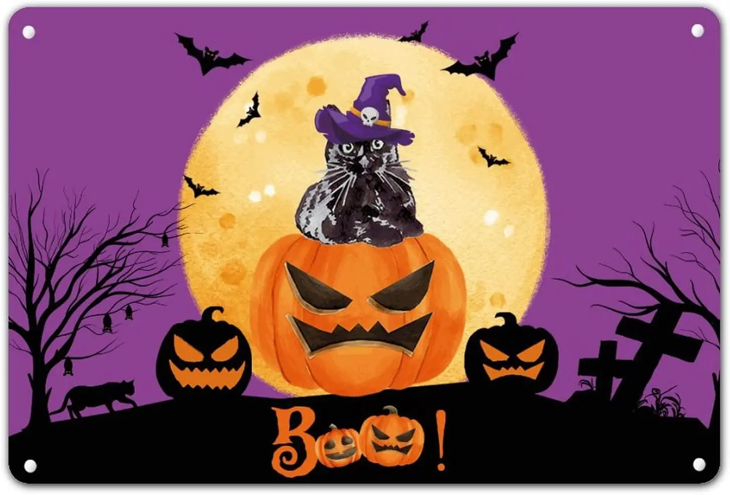 Halloween Pet Cat on Pumpkin Tin Sign Boo Jack-o-Lantern Metal Plaque Creepy House Art Halloween Welcome Sign for Home Home