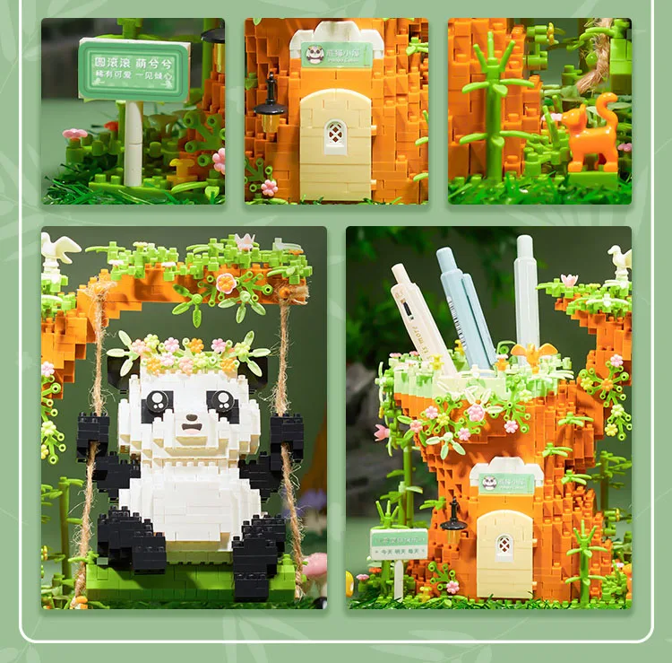 Panda Swing Pen Holder Block DIY Micro Building Brick Toy Cute Desk Decor For Kids