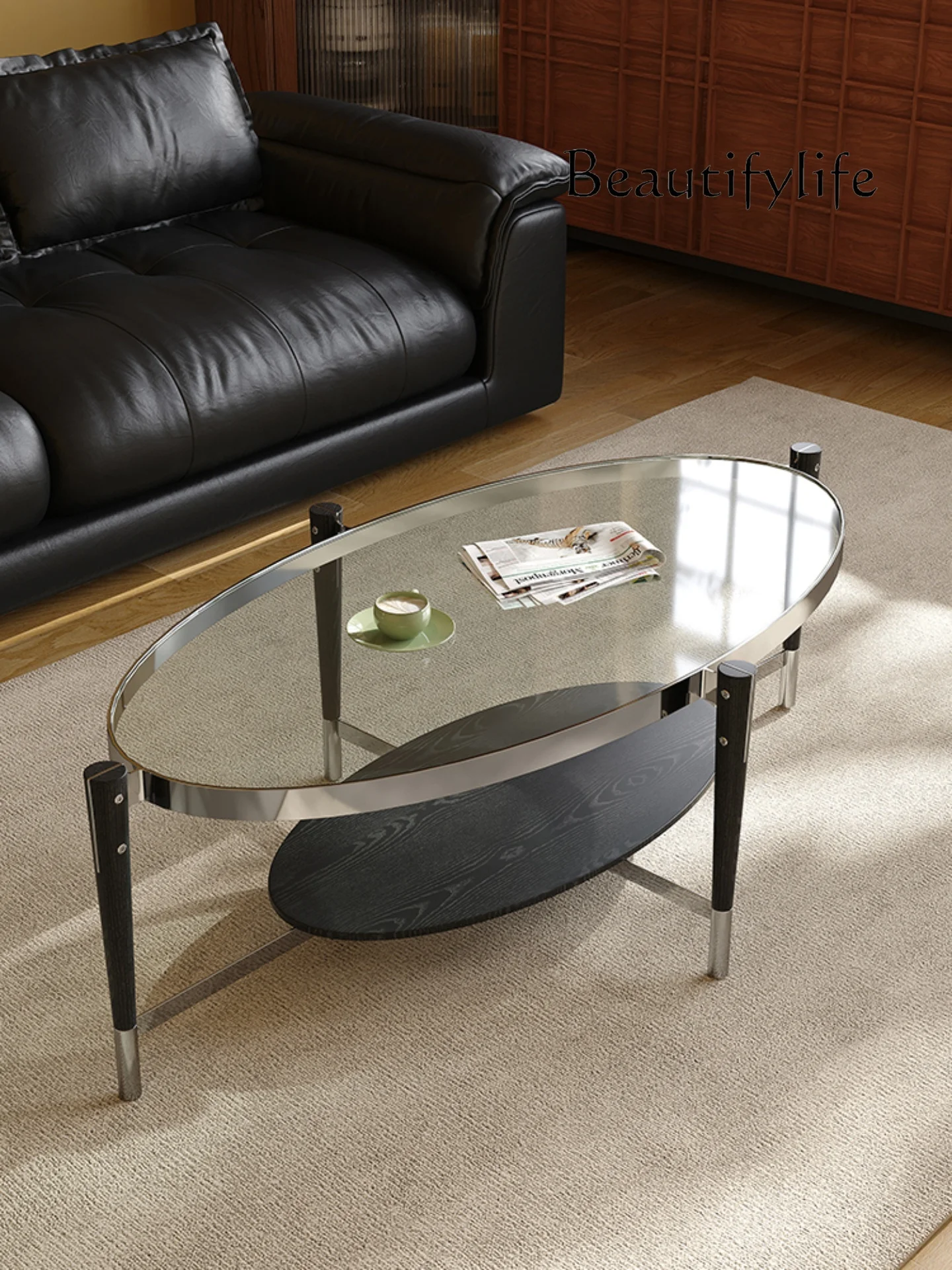 

Italian minimalist coffee table oval living room household stainless steel glass antique designer