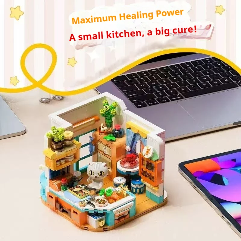 Children's play house creative building block toys, a group of cat kitchen series model assembly, children's birthday toy gift