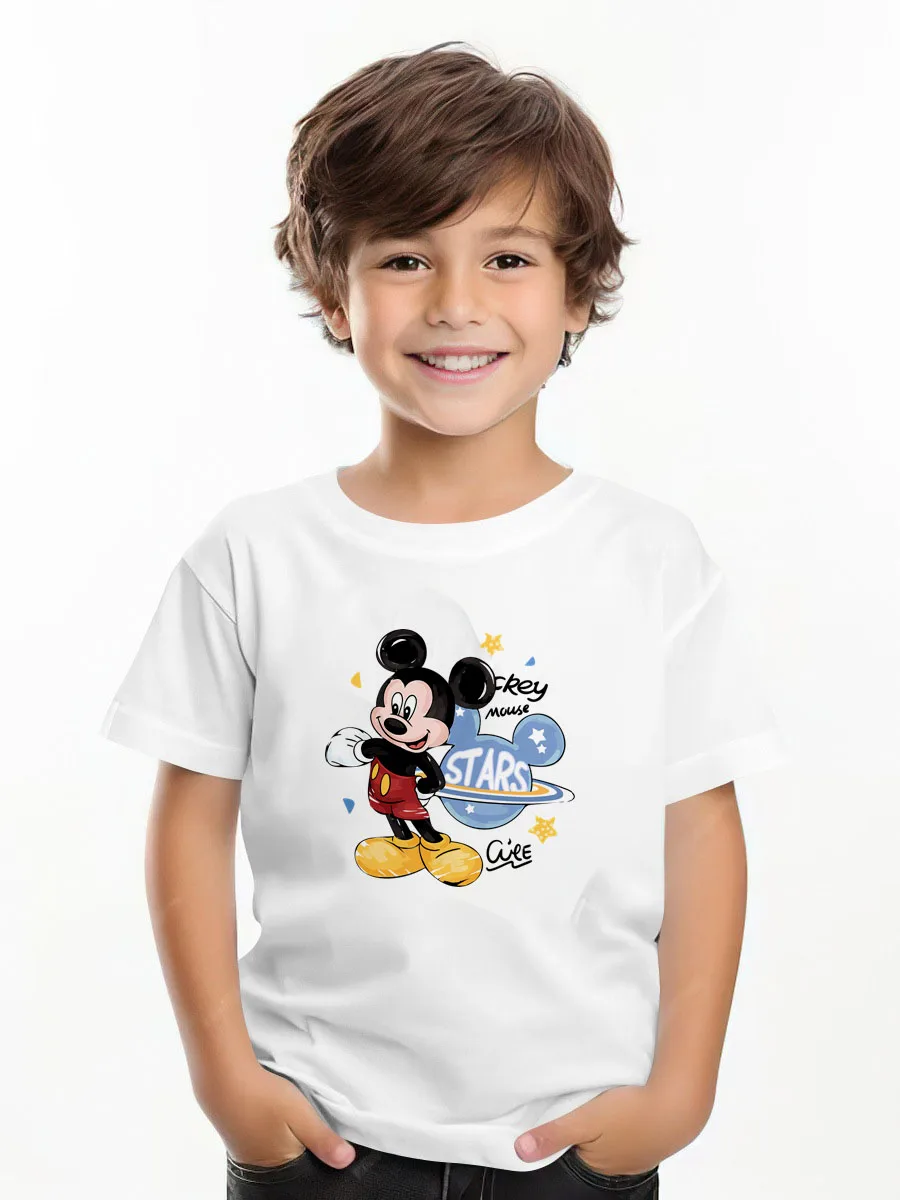 

Disney Fashion Costume Kids Cotton T-shirt Casual Trendy Clothes Boys Cartoon Tees Mickey Mouse Print Tops Round Neck Tees