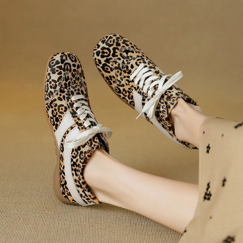 

Genuine Leather Horsehair +Cowhide Women Sneakers, Lace-up Training Shoes, Leopard Flats Womens Shoes,Ladies Sports Shoes