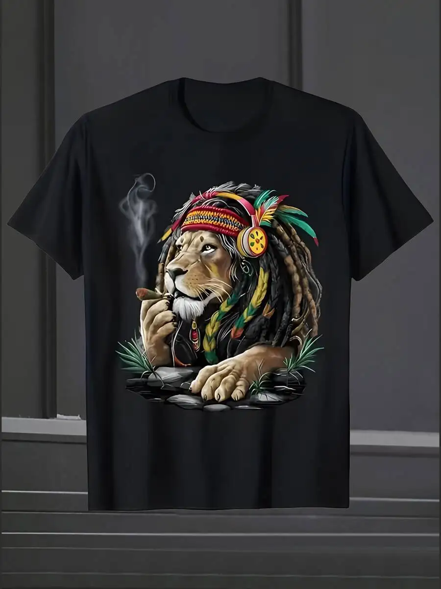 The Lion Smokes A Cigar Creative LOVE Design Pattern Printed Pure Cotton Short Sleeved T-Shirt Black Top, Men's Casual Loose Creative, Unique Prints, Comfortable, Soft,  Birthday Gift, Personalized, Round Neck, Cute, Funny, Fashion,  Women's and Men's