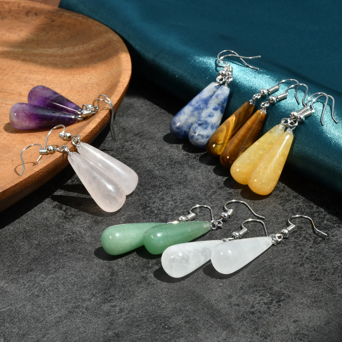 Natural Stone Yellow Stone Green Aventurine Rose Quartz Tiger Eye Stone Pendant Earrings Bohemian Women's DIY Handmade Jewelry