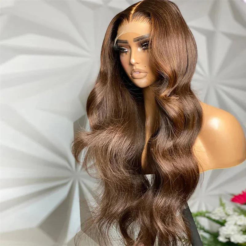 Perruque Lace Front Wig Body Wave longue pour femme, cheveux de bébé pré-épilés, sans colle, brun blond, densité 180, 26 pouces, 03/Glueless