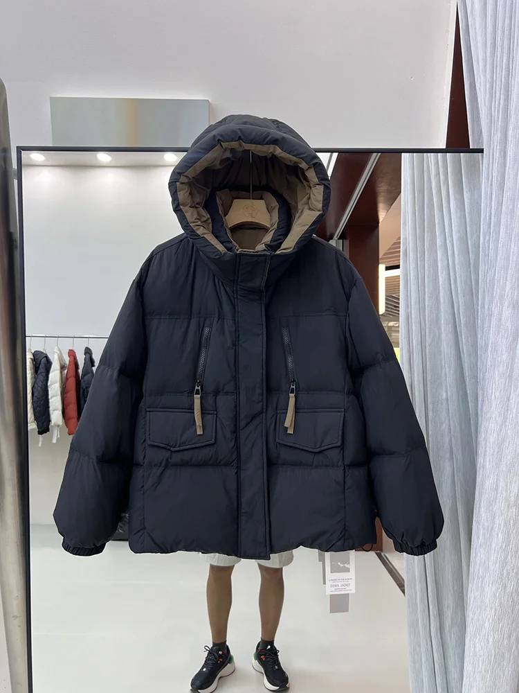 2025年冬新作 ダウンジャケット レディース ショート丈 フード付き ゆったり 暖かい ポケット付き ジッパー 90%ホワイトダックダウン ブレッドジャケット トレンド