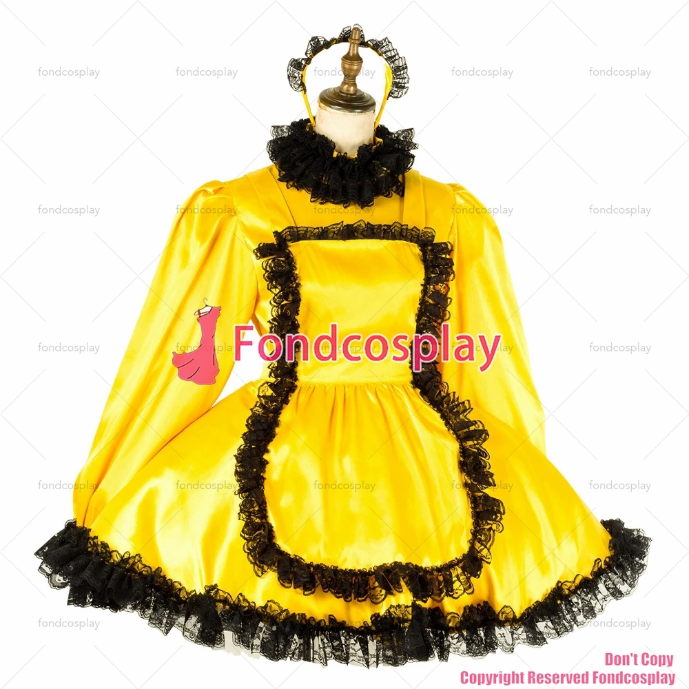 fondcosplay adult sexy cross dressing sissy maid short lockable yellow Satin dress Uniform apron costume CD/TV[G2012]