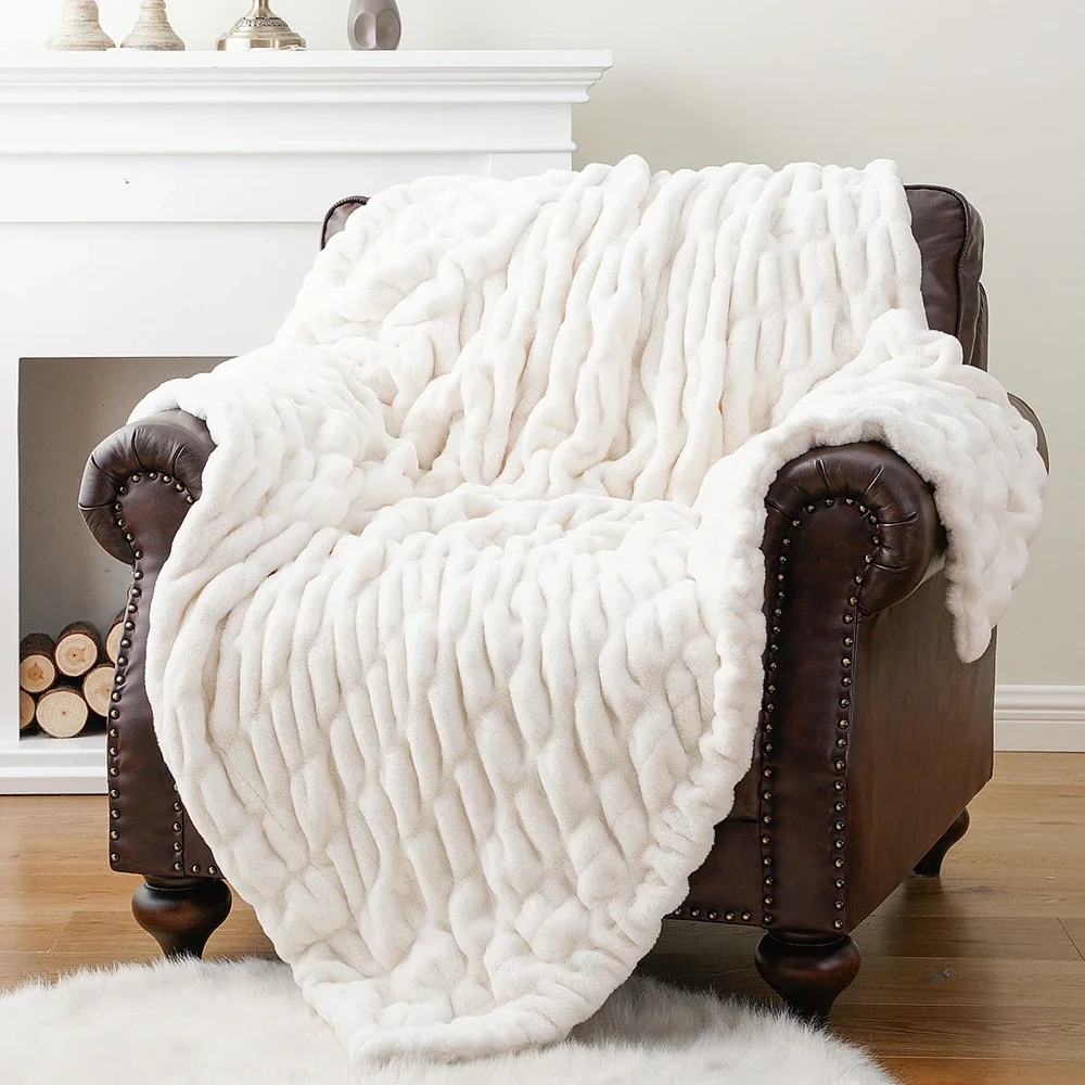 Battilo Luxury Faux Rabbit Fur Throw Blanket Thick Warm Plaid Throws for Bed Sofa Double Side Soft Fluffy Blankets Winter Decor