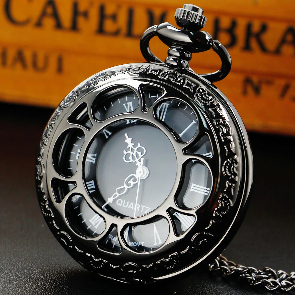 

New Hollow Black Vintage Quartz Pocket Watch Alloy Material Casual Fashion Steampunk Pockets Chain Watches Gift For Men Women