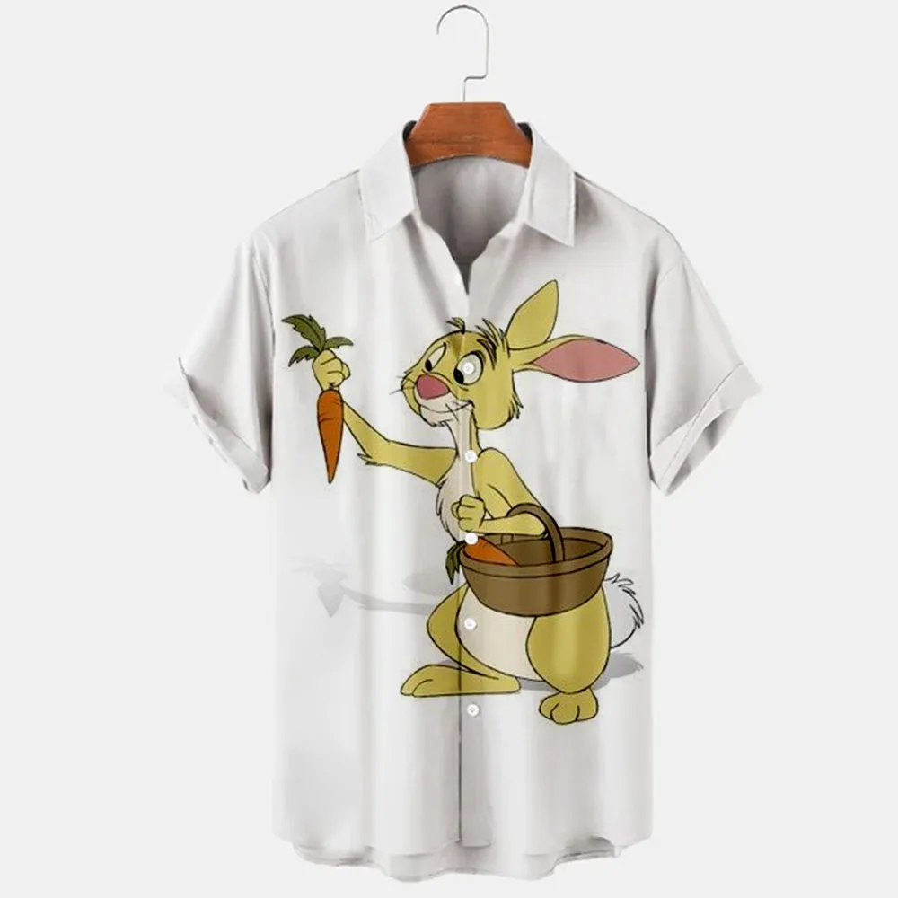 2022 New Summer Disney Branded Winnie the Pooh Cartoon Casual 3D Printed Short Sleeve Lapel Shirts Slim Fit Men\'s Tops