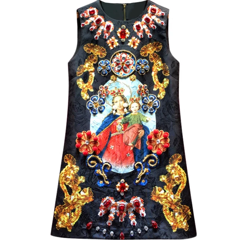 Retro Palace Style Printing Elegant Sleeveless Tank Dress Summer Black Party Dress O-neck Jacquard Diamonds Short A-line Dress