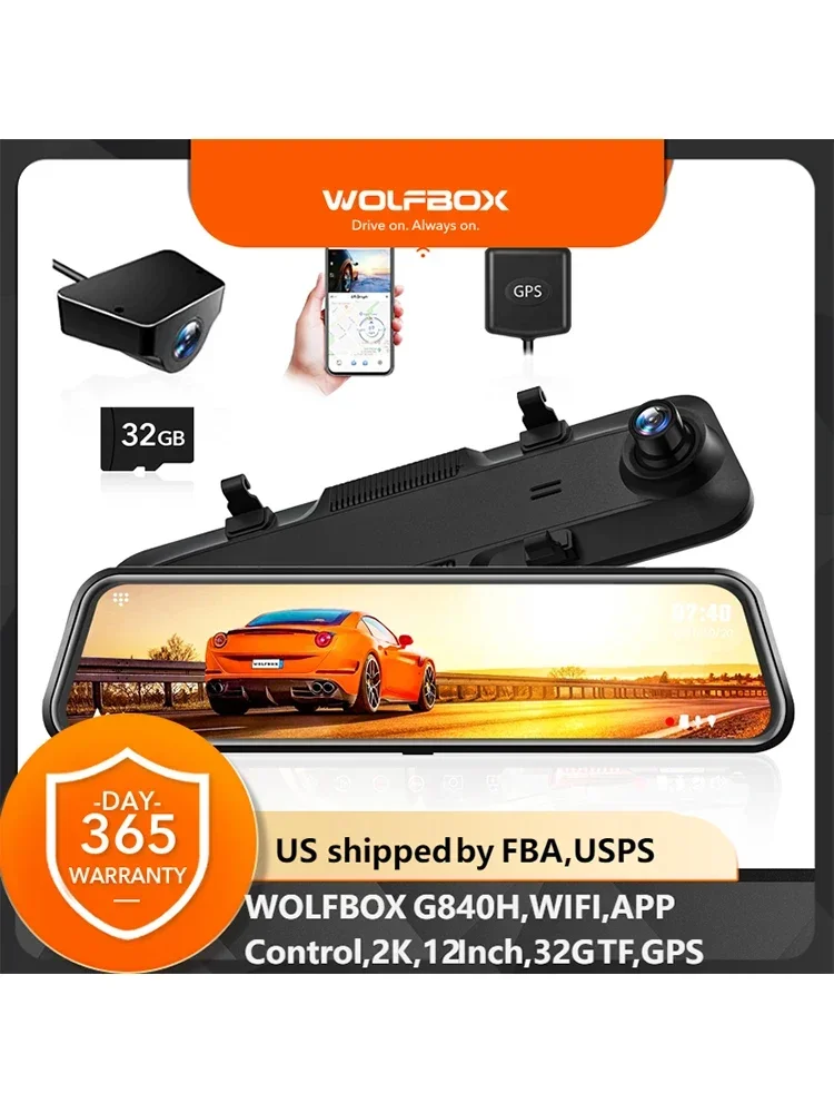 WOLFBOX-Caméra de tableau de bord avant et arrière, caméra Prada, WDR, 2K, agglomFOV, WiFi, DVR de voiture, super vision nocturne, 12 pouces, G840H