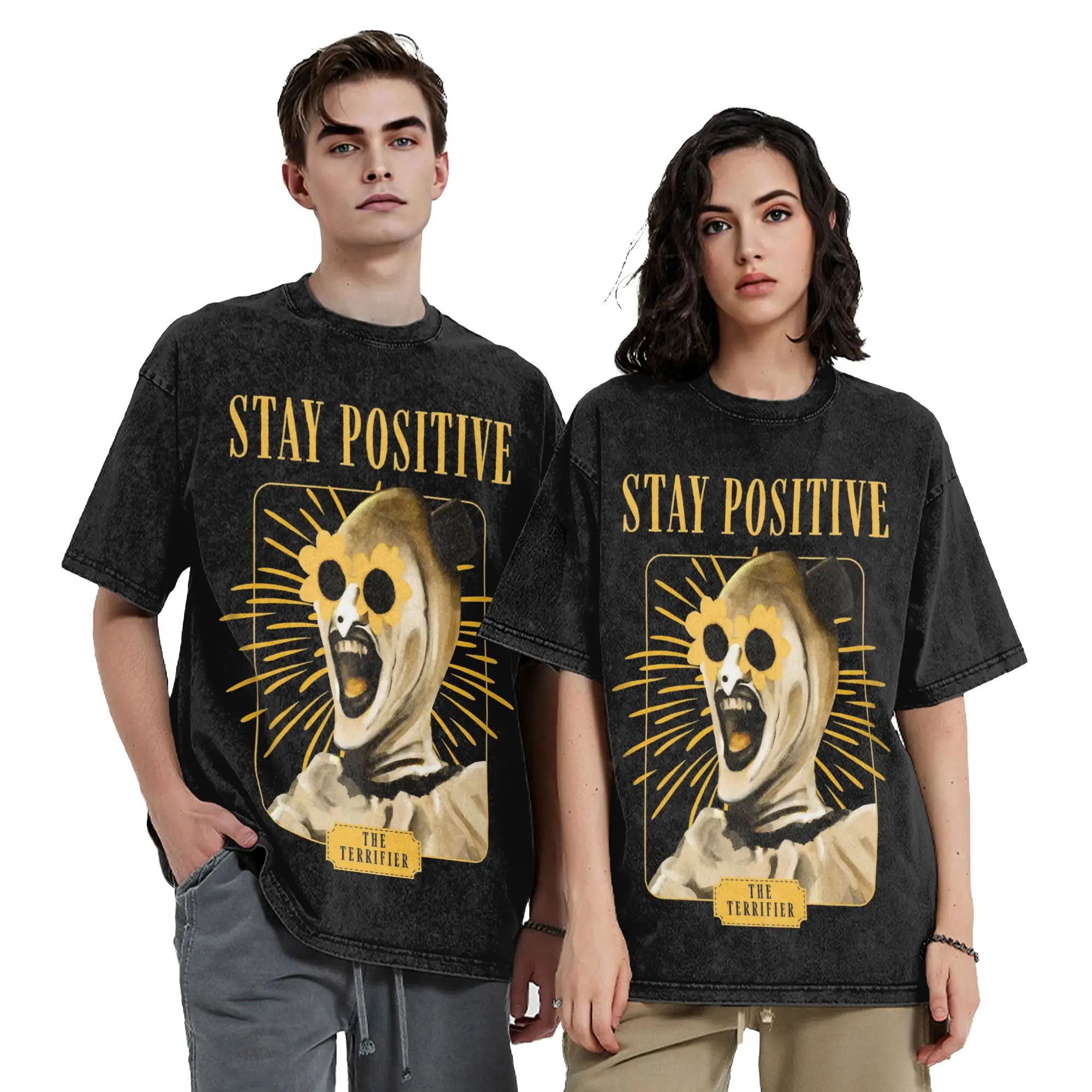 Washed T Shirt Stay Positive with Art the Clown Terrifier Hip Hop T-Shirt Harajuku Streetwear Cotton Tops Tees for Men Women