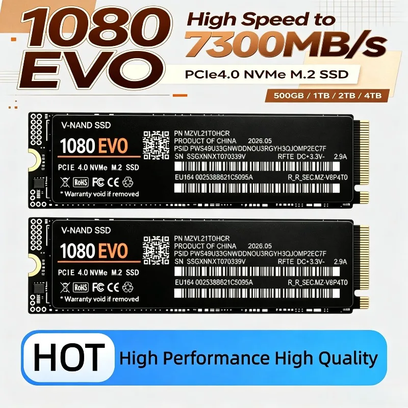 2026 NOVO SSD Interno 1080 EVO M.2 NVMe PCIe 4.0 com leitura de até 7300MB/s, Unidade de Estado Sólido de Alta Velocidade 500GB/1TB/2TB/4TB para PC