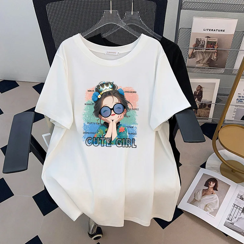 

Женская футболка больших размеров 170 кг, лето 2022, свободная футболка с коротким рукавом и портретным принтом, черно-белая, 4XL, 5XL, 6XL, 7XL, 8XL, 9XL