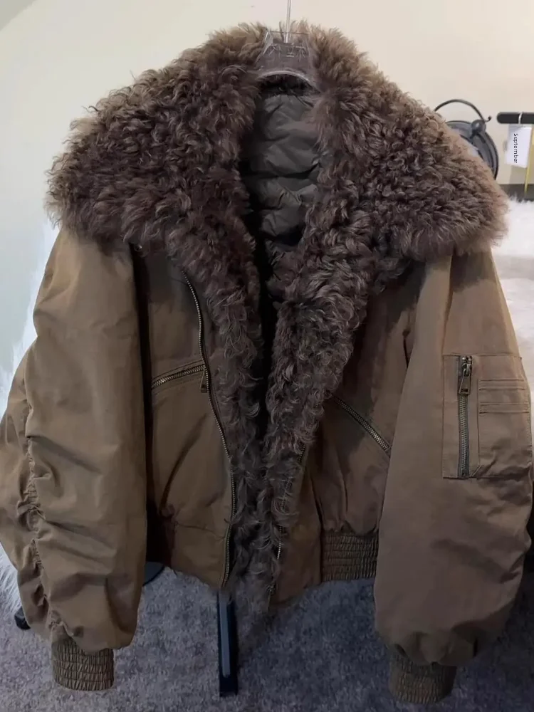 

Американское зимнее пальто из хлопка со свободным кроем и большим меховым воротником для женщин, рабочая одежда