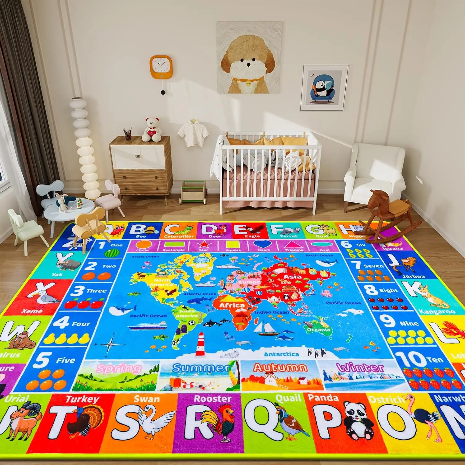 Fun Cartoon Letter Kids Play Mat World Map Animals Alphabet Seasons for Playtime Learning Playful Educational Rug for Toddler