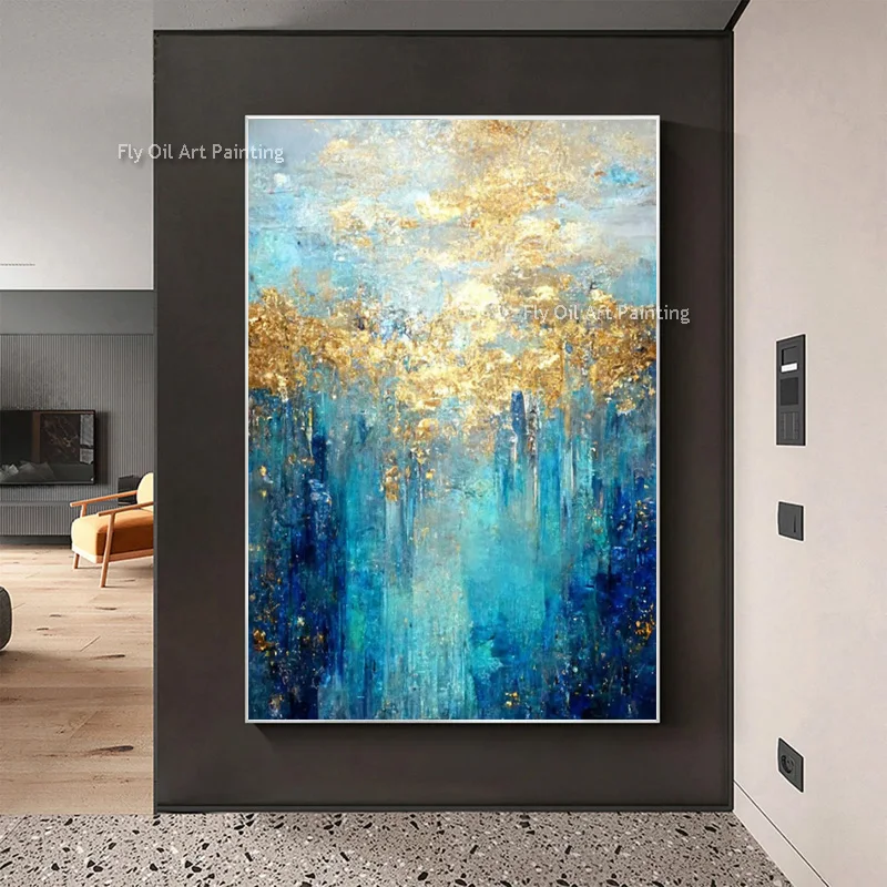 تصميم جديد مرسومة باليد الأزرق الذهبي سميكة قماش النفط اللوحة مجردة الأزرق الداكن الذهب احباط الفني لديكور غرفة المعيشة كهدية