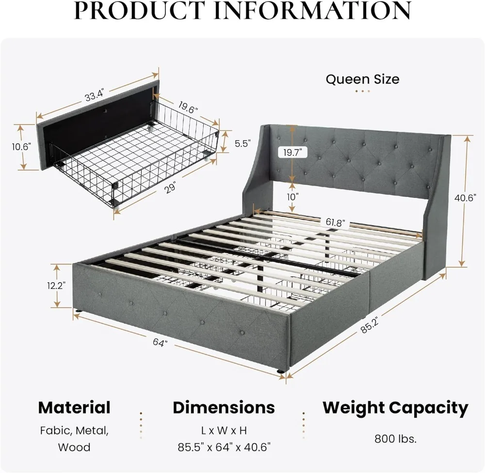 Upholstered Queen Size Platform Bed Frame with 4 Storage Drawers and Wingback Headboard, Diamond Stitched Button Tufted Design,