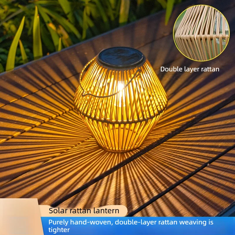 Garden Light Solar Lamp, Handmade Wicker Rattan Hanging Lantern Outdoor Waterproof Warm White for Christmas Patio Yard Decor