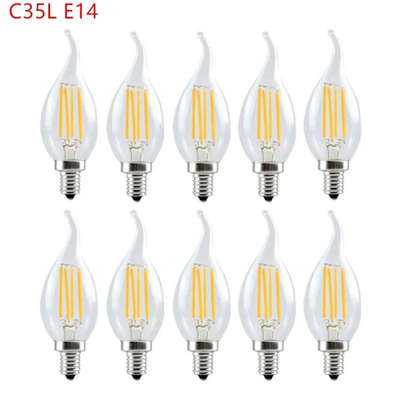 

10pcs/lot LED Candle Bulb C35 C35L Vintage Lamp E14 E27 220v Blub 2W 4W 6W Filament Edison Light Glass Bulb Vintage Chandeliers