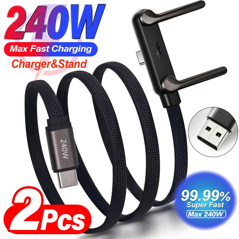 Cable USB C a USB C de 240W con Carga Rápida y Soporte, Cables Tipo C Duraderos con 90 Grados de Ángulo °   Soporte en Forma de T para iPhone 17 16 Samsung