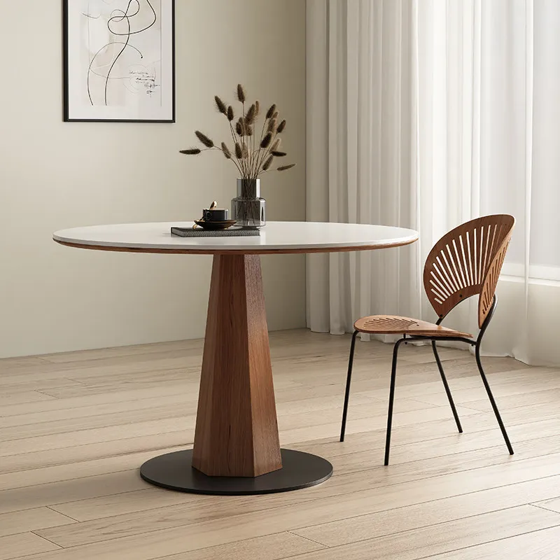 Round rock slab dining table household small apartment solid wood simple pure white dining table retro round table negotiation t