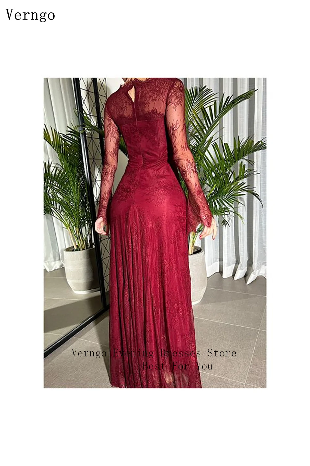 Verngo Burdungy Lace Evening Dress Sweetheart Full Sleeve Prom Gown Women Formal Mermaid Dress For Formal Occasion customized