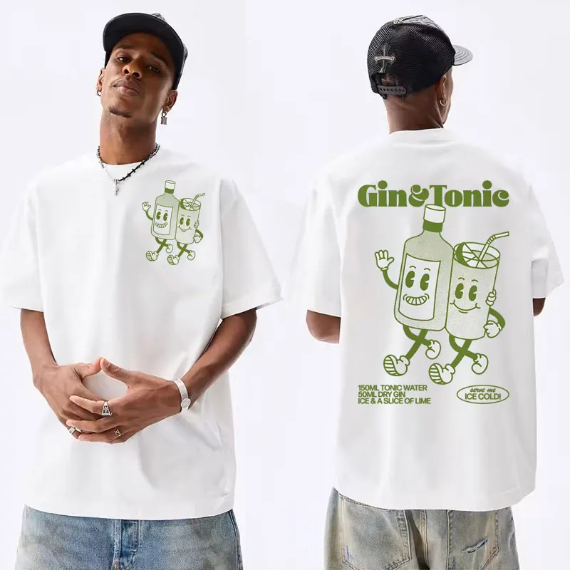 GIN AND TONIC Meme T Shirt Unisex Retro Cartoon Aesthetic Tshirt Men Casual Cotton Funny Cocktail Meme Oversized Graphic T-shirt