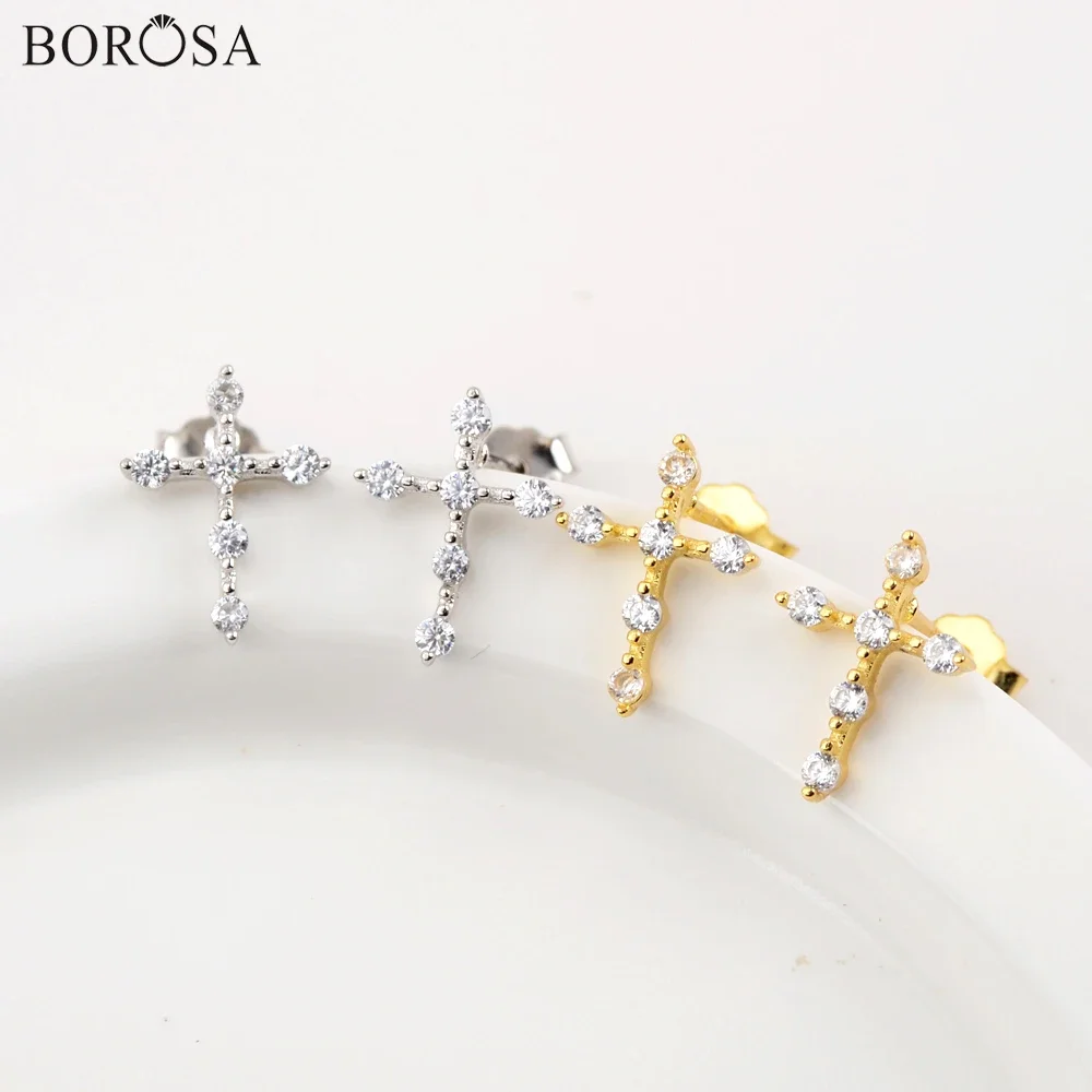 BOROSA Cross Crystal Earrings New 925 Sterling Silver Jewelry Silver Color CZ Micro Paved Stud Earring for Women Promise Gifts