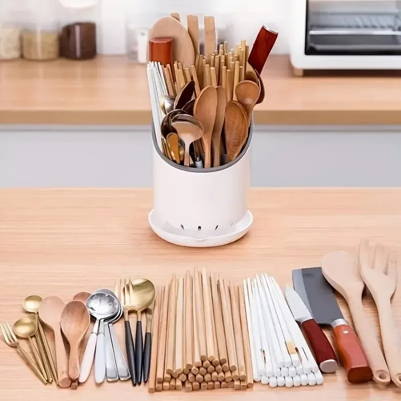 1Pc Plastic Tableware Storage Rack with Drain Tray Chopsticks Knife Spoon Fork Drainage Rack for Household Kitchen Organization view 3